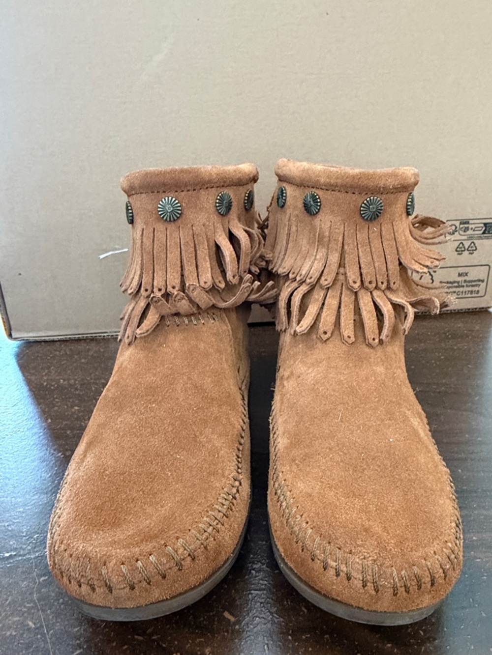 Minnetonka Hardsole Suede Fringe Boots Brown Boho Western Moccasins size 9 10 - Picture 2 of 10